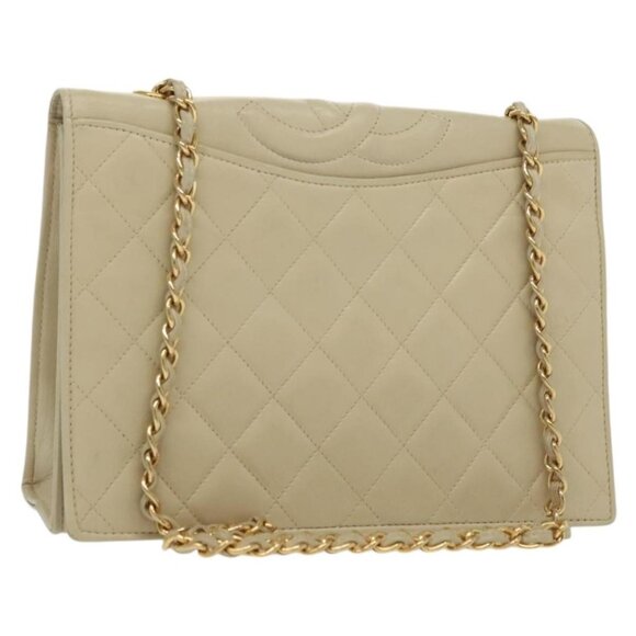 CHANEL Matelasse Chain Shoulder Bag Lamb Skin Ivory Gold CC Auth - Picture 2 of 16